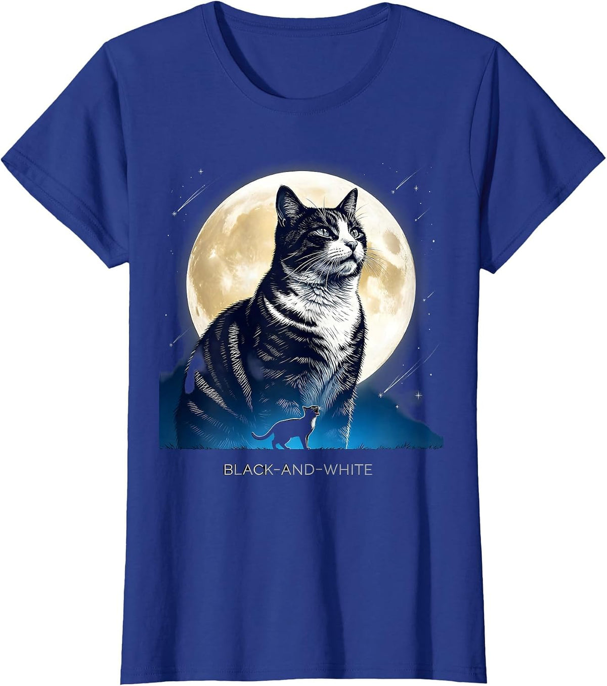 Women's Black-and-White Cosmic Tuxedo Cat Howling at Moon T-Shirt - Royal Blue