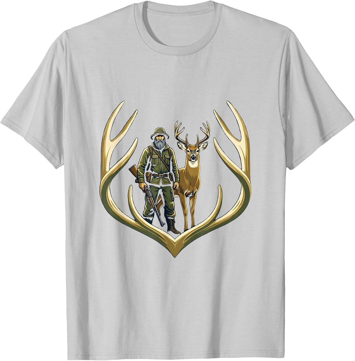 Men's Hunter Crest Emblem Whitetail Deer Humor T-Shirt - Silver Grey
