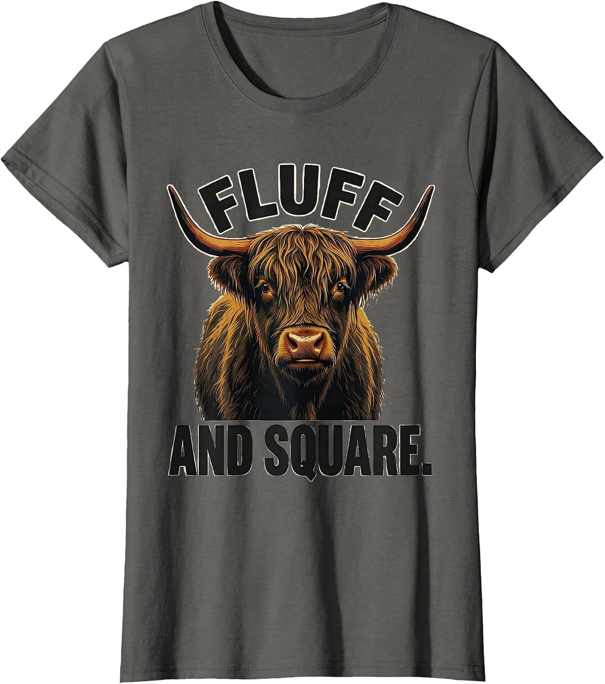 Women's Fluff And Square Funny Highland Cow Graphic Cute T-Shirt - Asphalt Grey