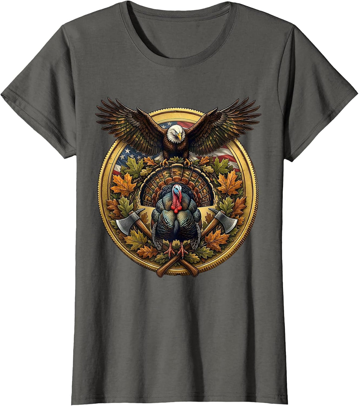 Women's Turkey Strutting Camo Leaf Scatter Hunting Design T-Shirt - Asphalt Grey