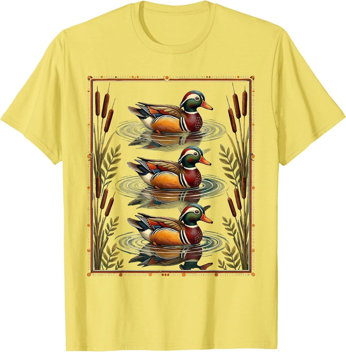 Men's Duck Decoys Floating on Glassy Water Illustration T-Shirt - Lemon Yellow