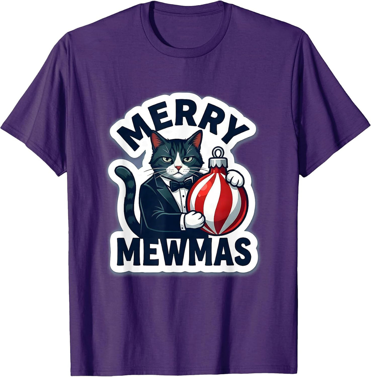 Men's Merry Mewmas Funny Tuxedo Cat Christmas Cat Lover Holiday T-Shirt - Purple