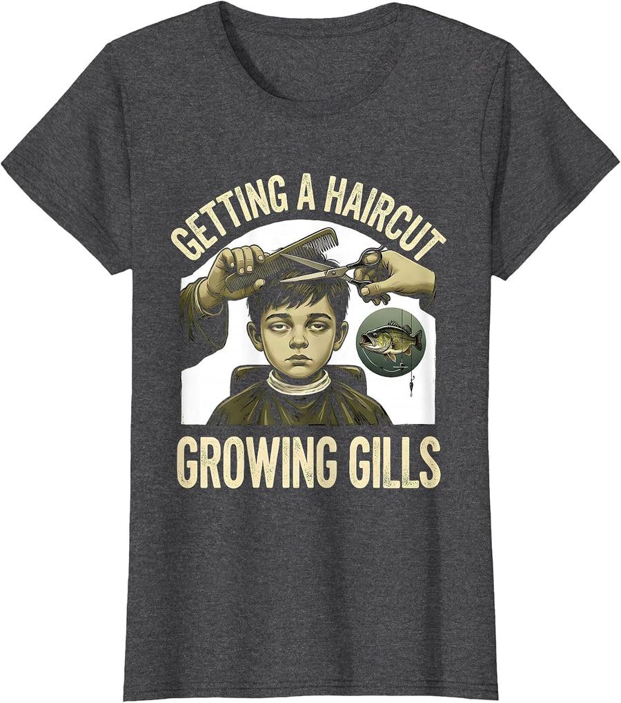 Women's Getting A Haircut Growing Gills Funny Bass Fishing Humor T-Shirt - Dark Heather Grey