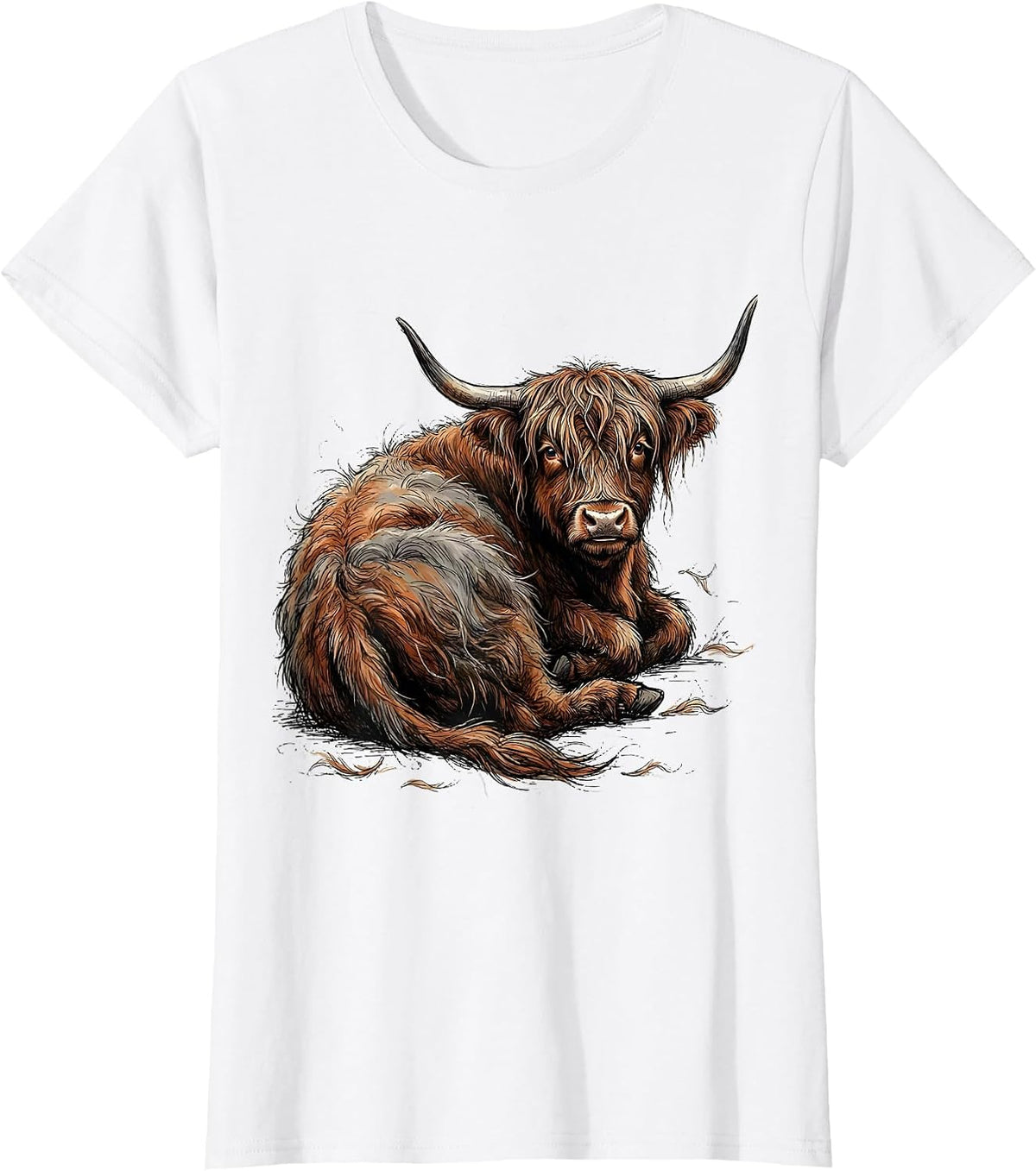 Women's Cute Highland Cow Hand Sketched Scottish Humor T-Shirt - White