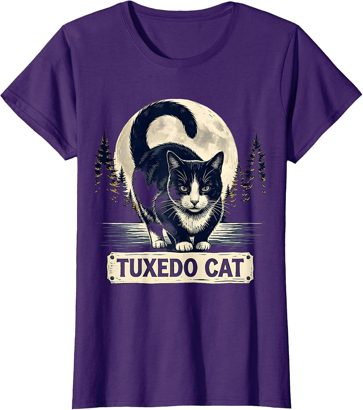Women's Tuxedo Cat Linocut 90s Retro Moonlit Portrait T-Shirt - Purple