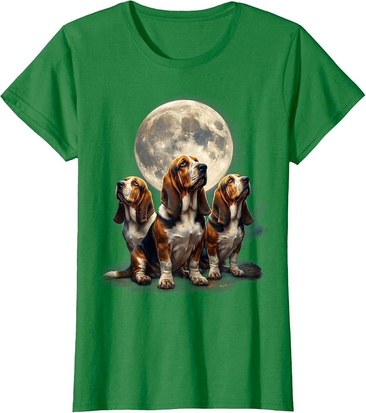 Women's Three Basset Hounds Moon Howling Funny Pet Lover Humor T-Shirt - Kelly Green