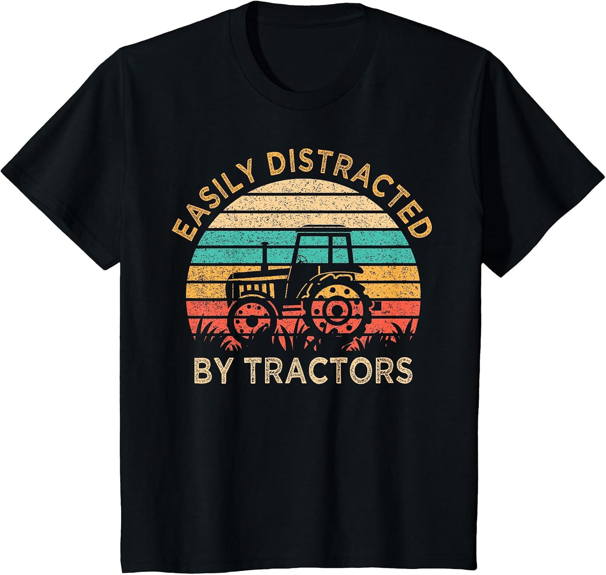 Vintage Easily Distracted by Tractors Fun Farming T-Shirt - Black