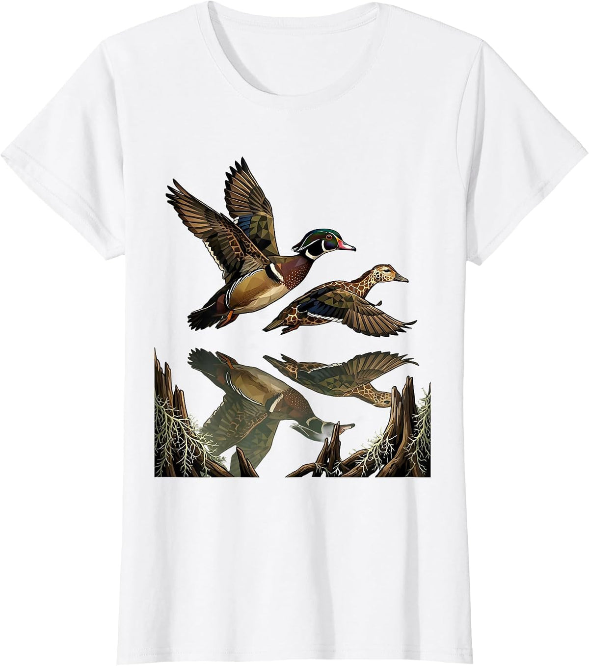 Women's Wood Duck Pair Bottomland Camo Waterfowl Design T-Shirt - White