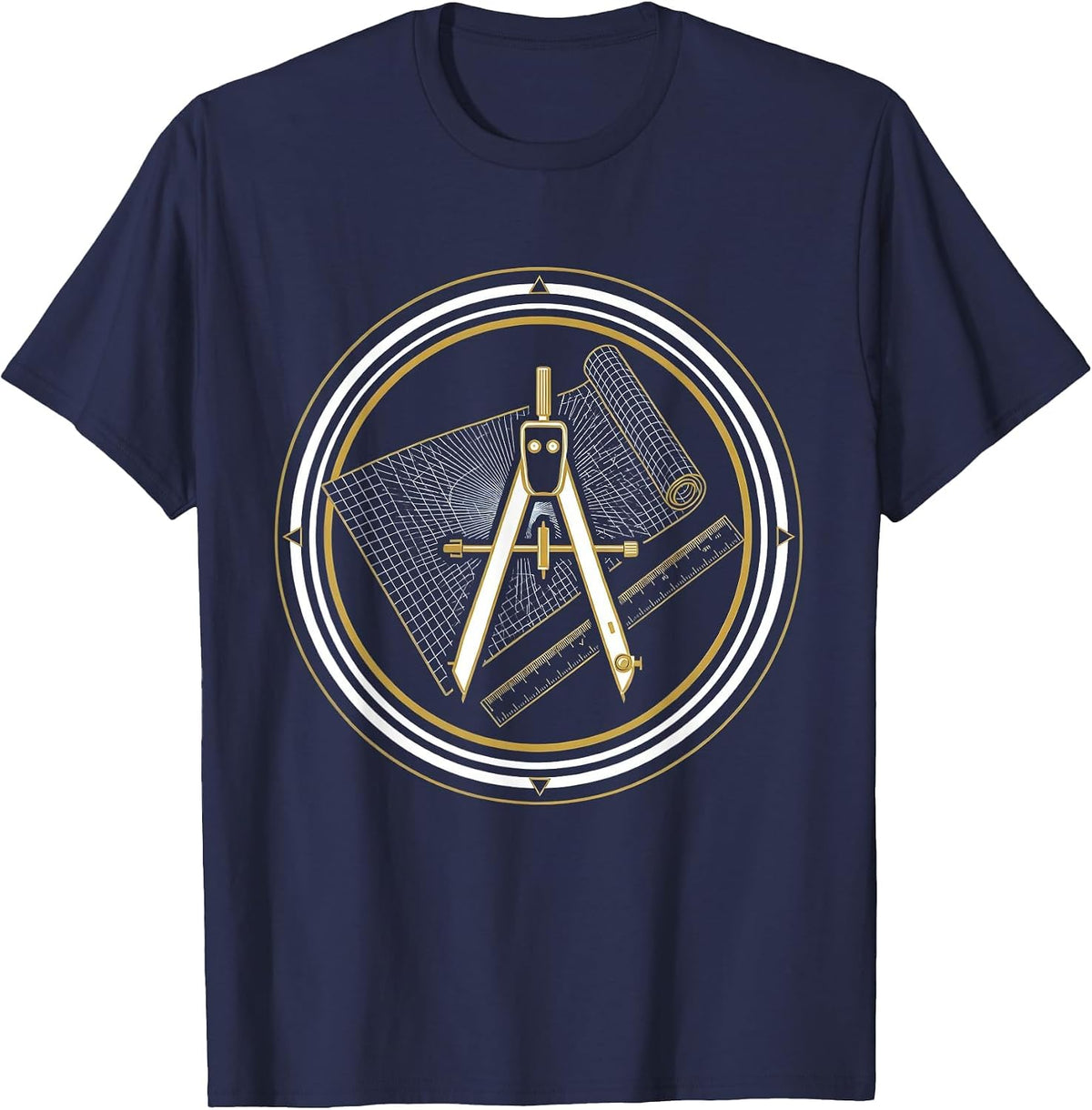 Blueprint Compass and Ruler Illustration T-Shirt - Navy Blue