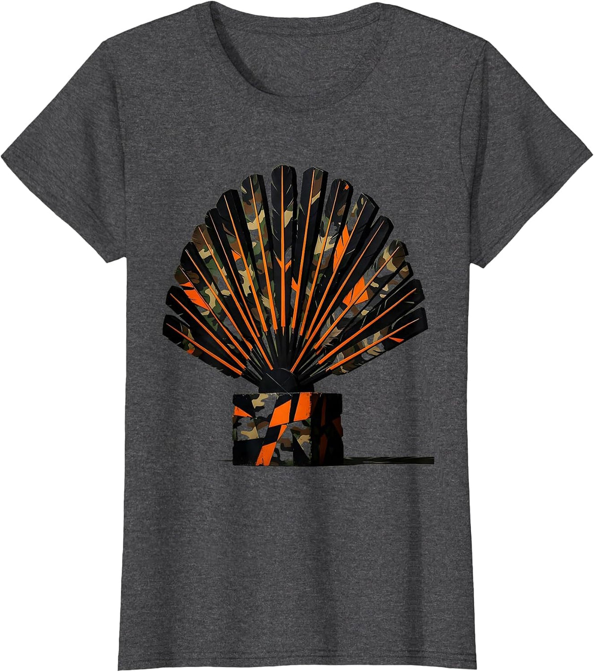 Women's Camo Turkey Feathers Forest Clearing Hunting Design T-Shirt - Dark Heather Grey