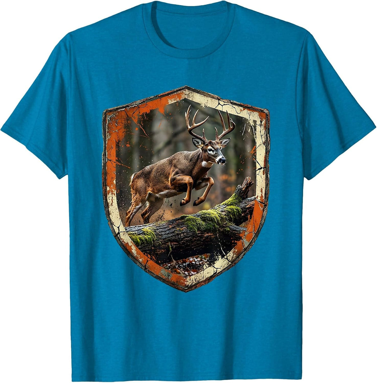 Buck Leaping Over Fallen Log Hunting Design T-Shirt - Sapphire Blue