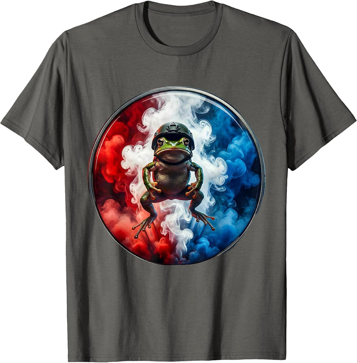 Patriotic Frog Military Helmet Mid-Leap Graphic T-Shirt - Asphalt Grey