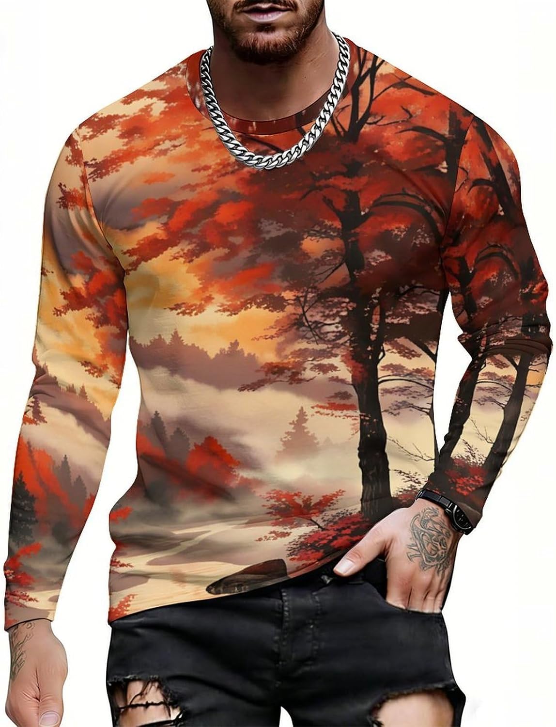 CASOWAT Long Sleeve Shirts for Men, Lightweight All-Over Print Casual Tee, Breathable Crewneck Long Sleeve Top - Style-6