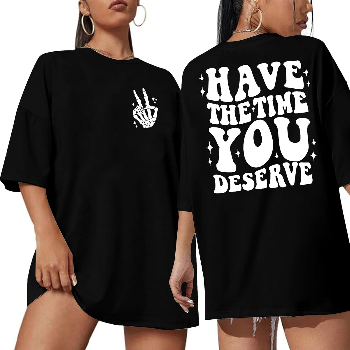 Oversized Tshirts for Women: Deserve Day Shirt Funny Skeleton Shirts Casual Oversized Graphic Tees Tops - Black