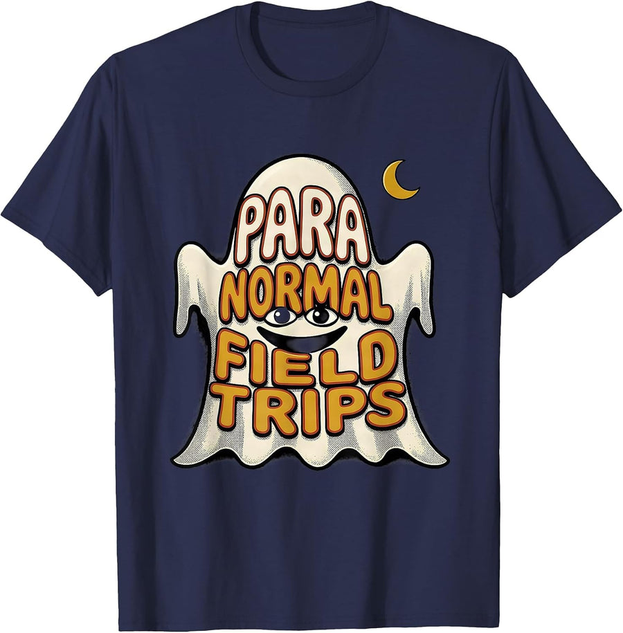 Para Normal Field Trips Retro Cartoon Ghost Paraeducator T-Shirt - Navy Blue