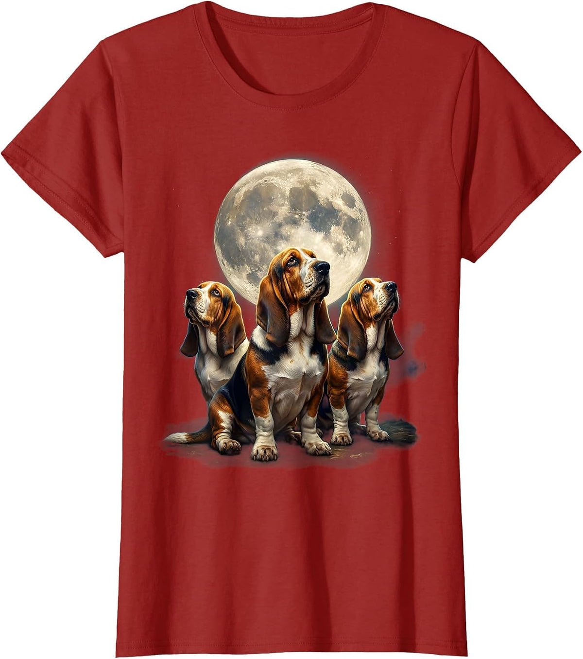 Women's Three Basset Hounds Moon Howling Funny Pet Lover Humor T-Shirt - Cranberry Red