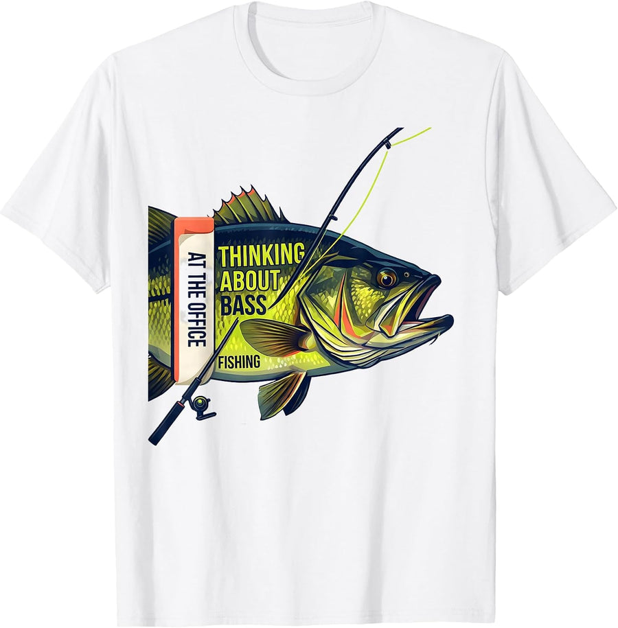 Men's At The Office Thinking About Bass Fishing Funny T-Shirt - White