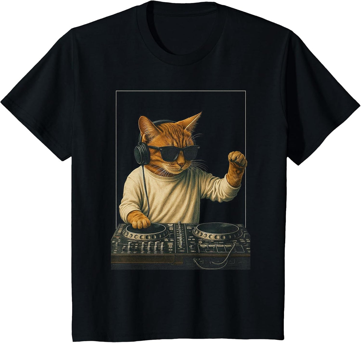 Vintage Orange Tabby Cat Playing Music Cat Lovers DJ Lovers T-Shirt - Black