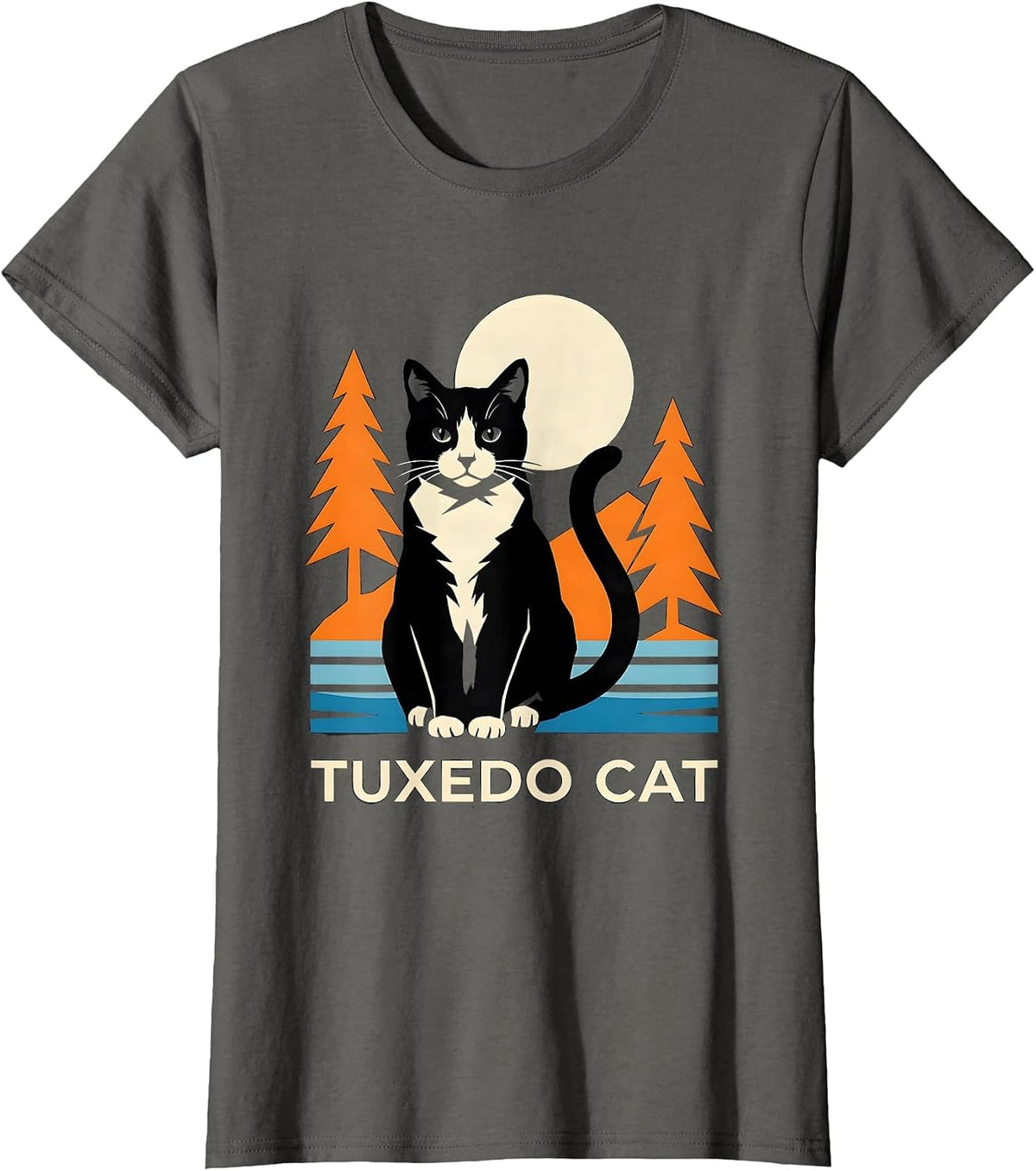 Women's Tuxedo Cat Stencil Graphic 90s Retro Cat Lover Portrait T-Shirt - Asphalt Grey
