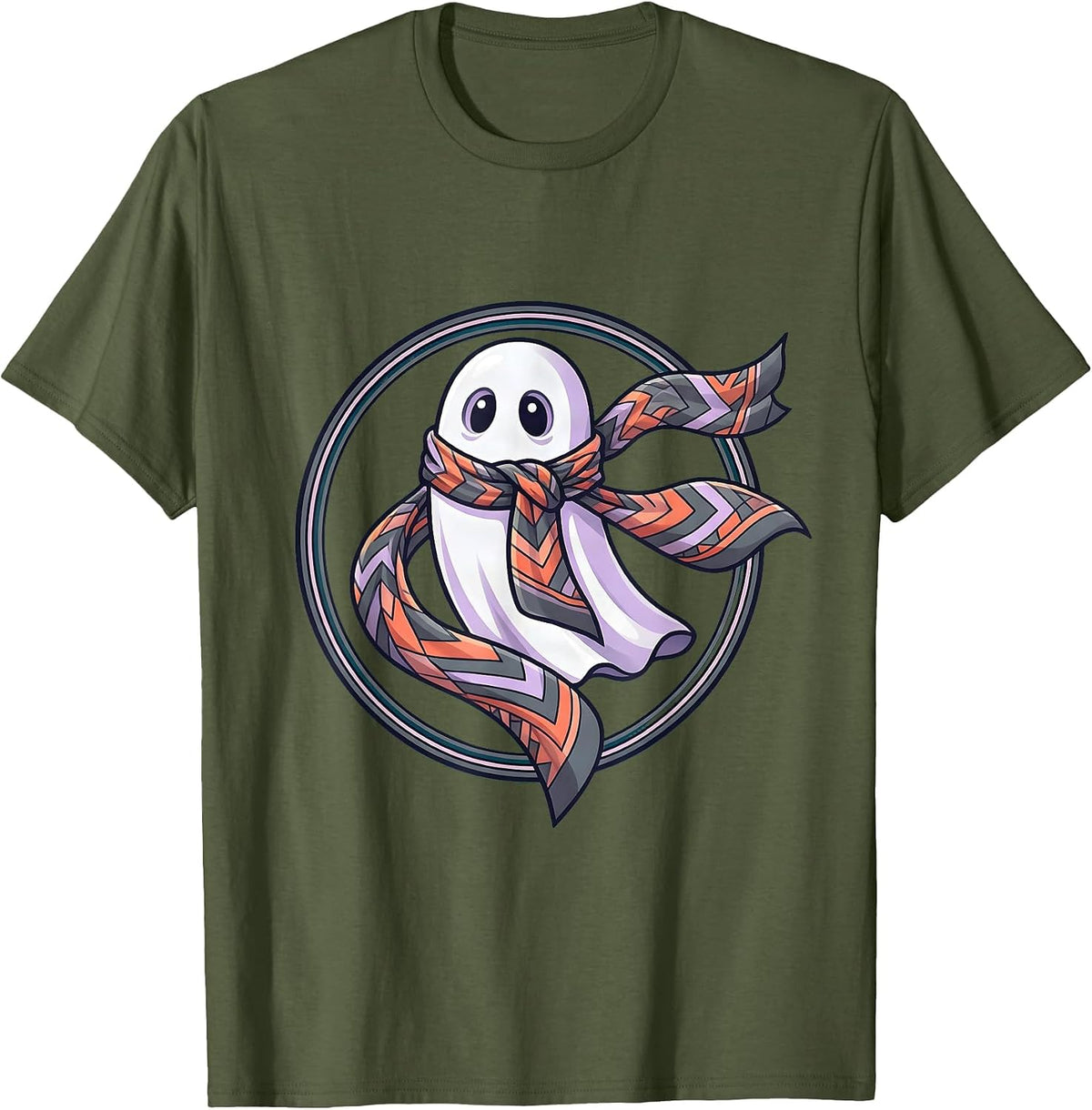 Boo Jee Ghost Designer Silk Scarf Illustration T-Shirt - Olive Green