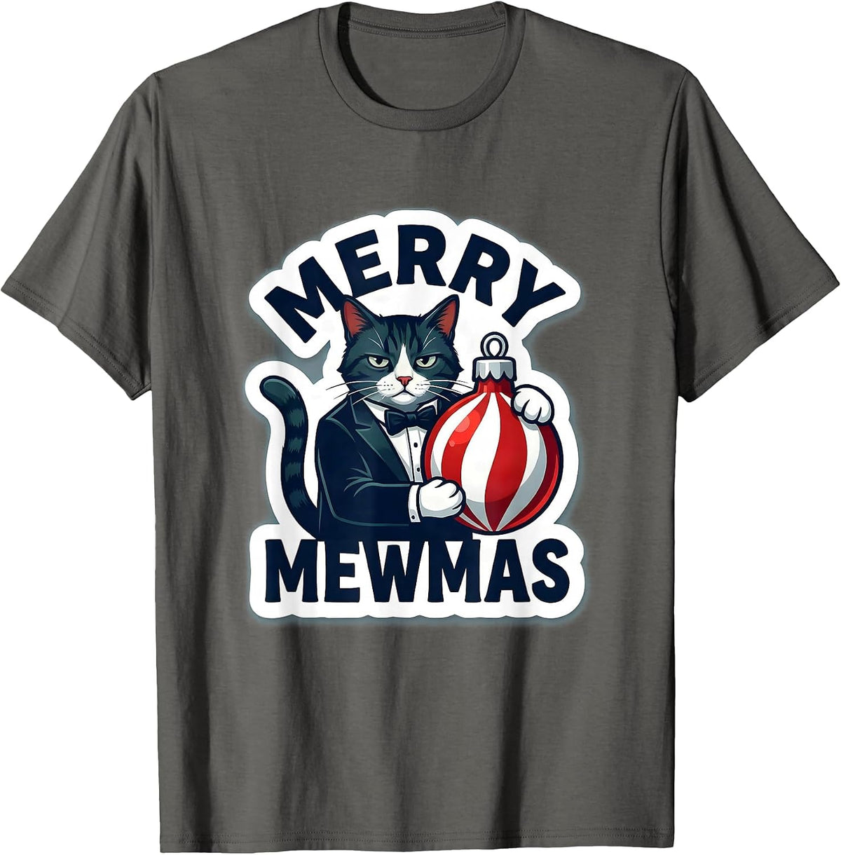 Men's Merry Mewmas Funny Tuxedo Cat Christmas Cat Lover Holiday T-Shirt - Asphalt Grey