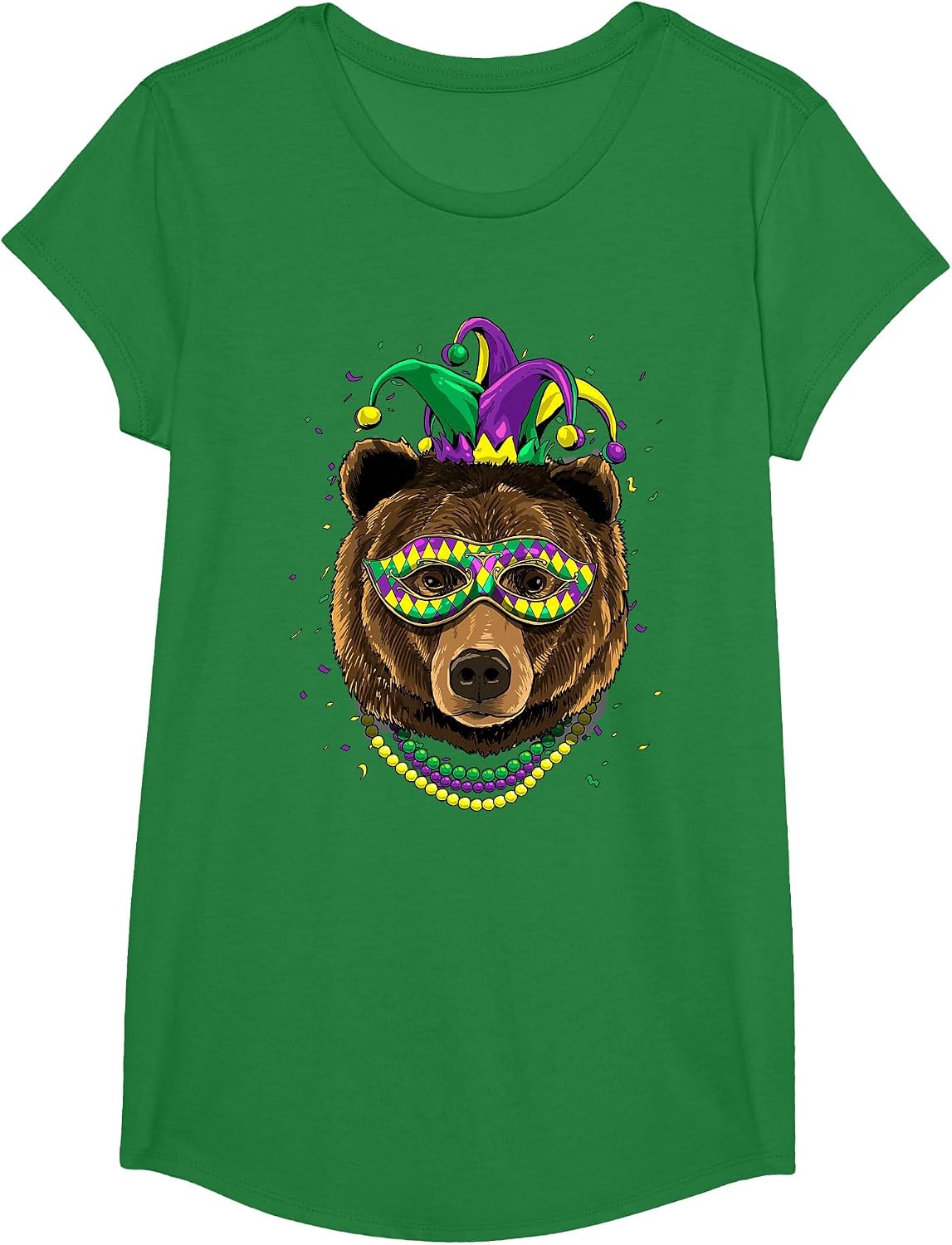Bear Animal Lover Cute Mardi Gras Carnival Jester T-Shirt, Girls, Kelly Green, Medium - As Pictured