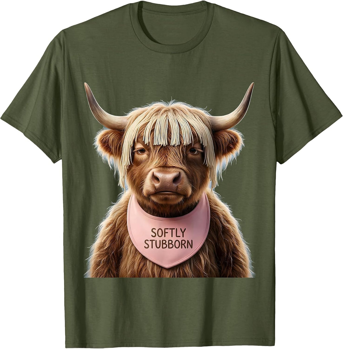 Softly Stubborn Cute Kawaii Highland Cow Novelty Humor T-Shirt - Olive Green