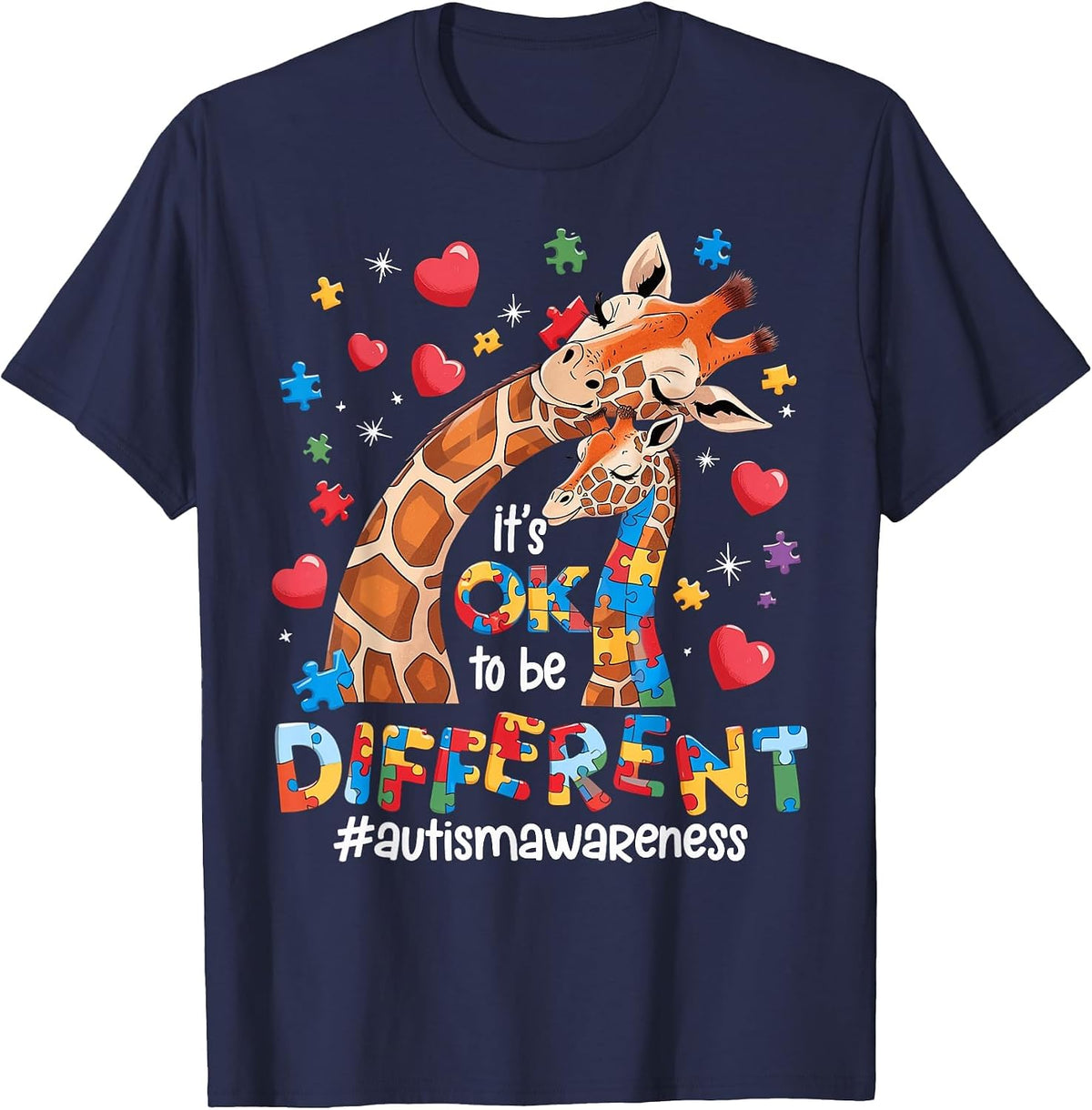 It's OK to Be Different Autism Awareness Cute Giraffe Animal T-Shirt - Navy Blue