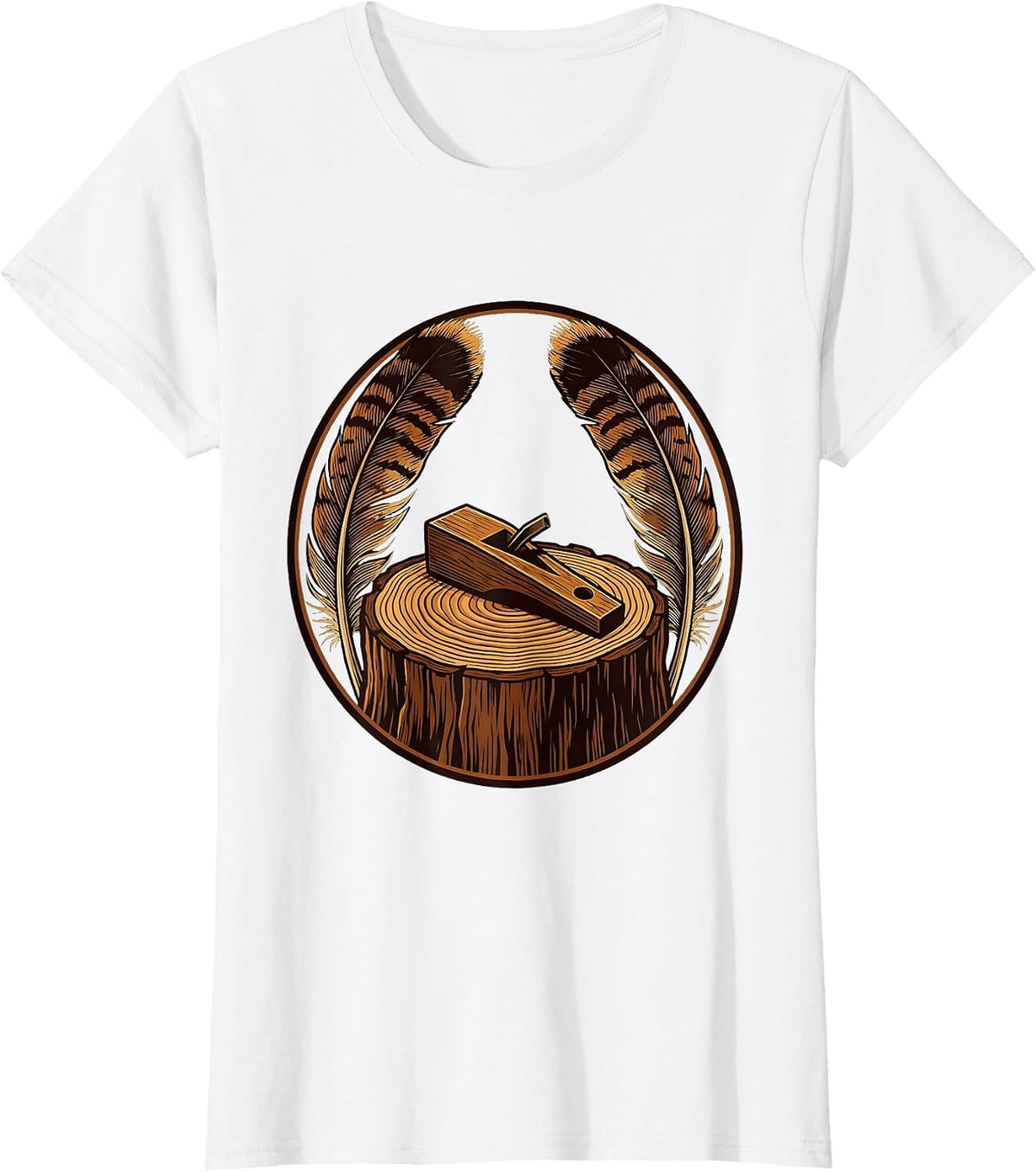 Women's Turkey Call and Feathers on Tree Stump Illustration T-Shirt - White