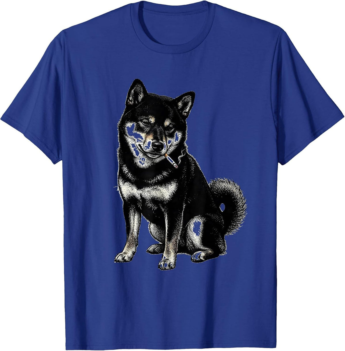 Men's Slouched Shiba Inu Blackwork Dotwork Smoking Dog Meme T-Shirt - Royal Blue