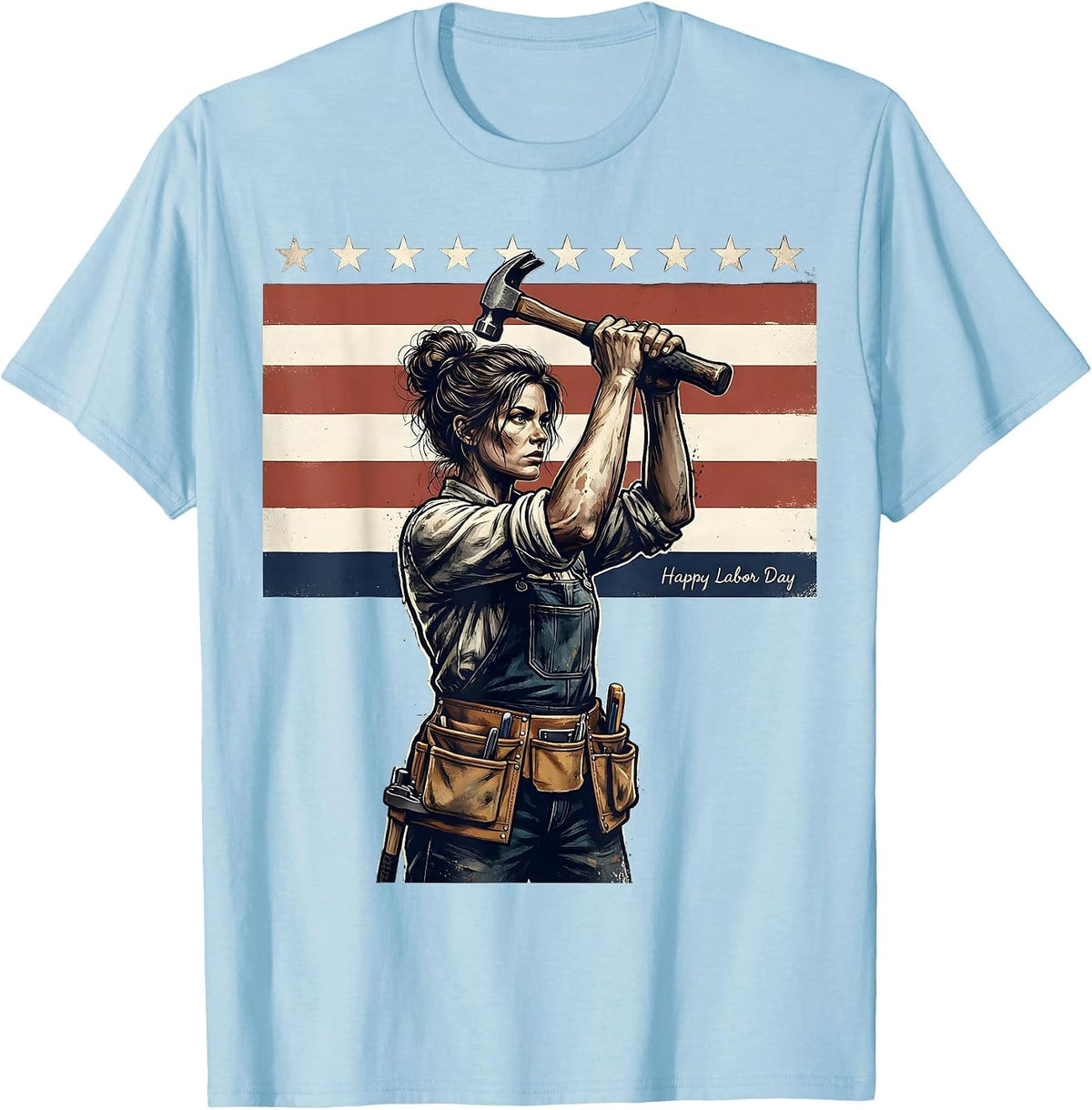 Men's Happy Labor Day Distressed Patriotic Woman Messy Bun Holiday T-Shirt - Baby Blue