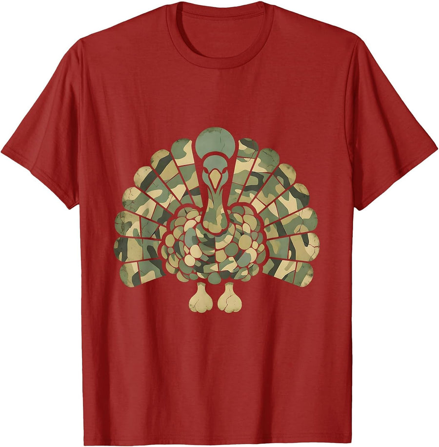 Camo Turkey Feather Fan Hunting Design T-Shirt, Men, Cranberry Red, X-Large - As Pictured