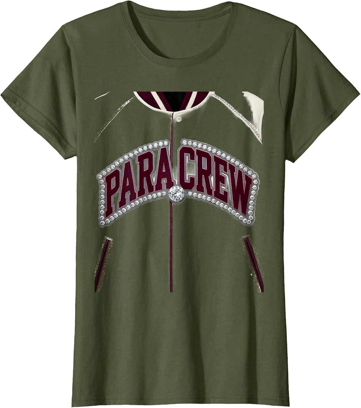 Women's Para Crew Sparkle Varsity Teacher Aide Appreciation Back T-Shirt - Olive Green