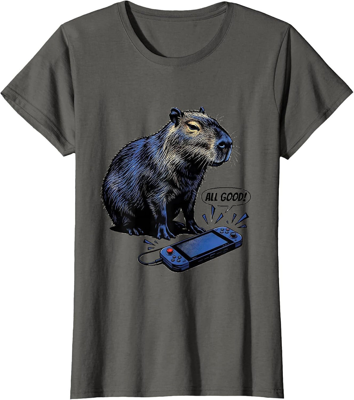 Women's All Good Comic Book Capybara Gamer Meme Humor T-Shirt - Asphalt Grey