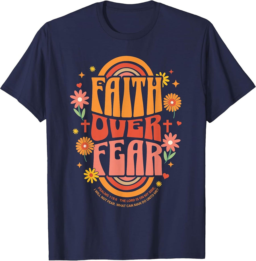 Faith Over Fear Christian Retro Floral 70s Shirt Womens Kids T-Shirt - Navy Blue