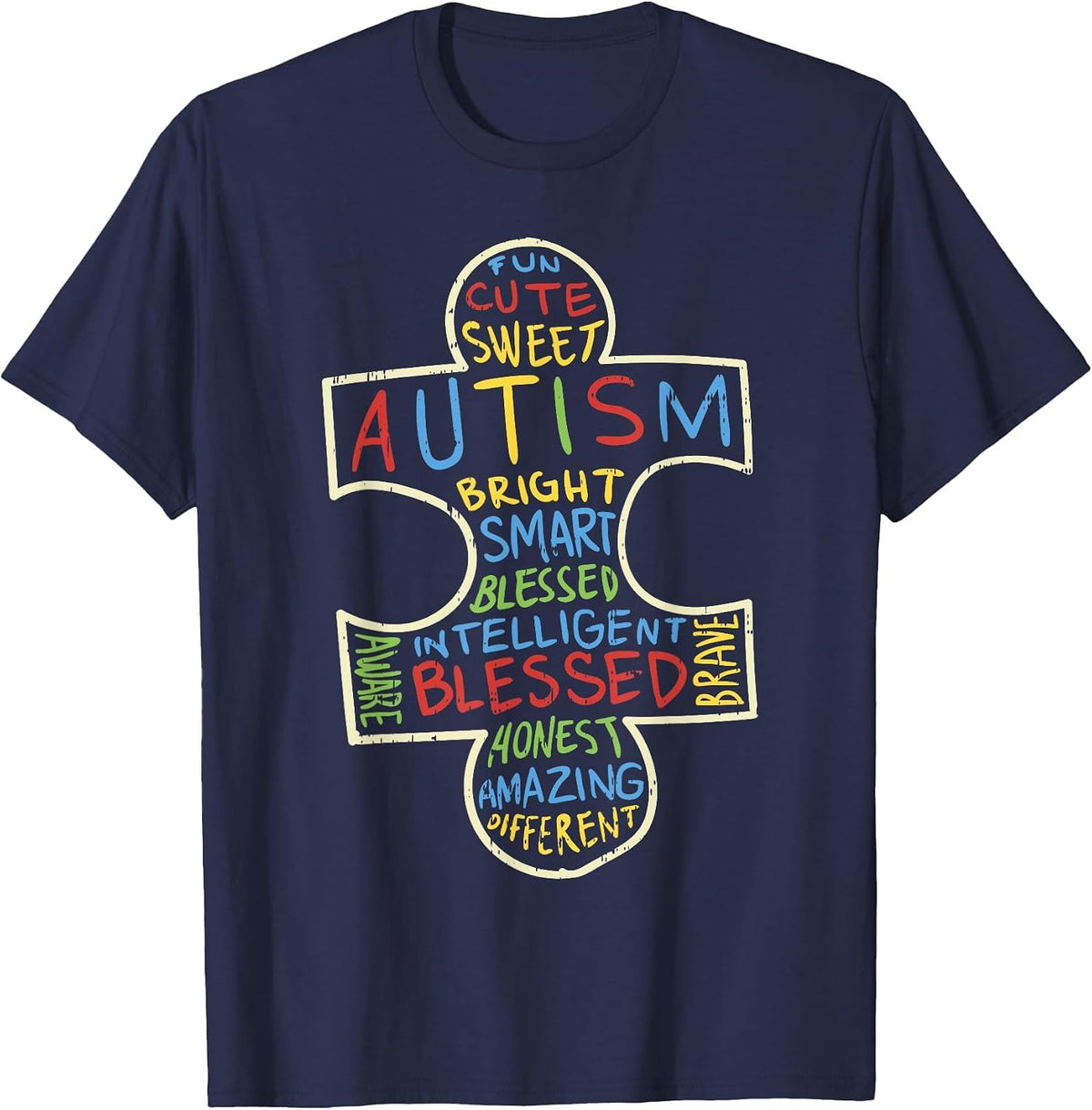Autism Awareness Shirt Puzzle Piece Words Autistic T-Shirt - Navy Blue