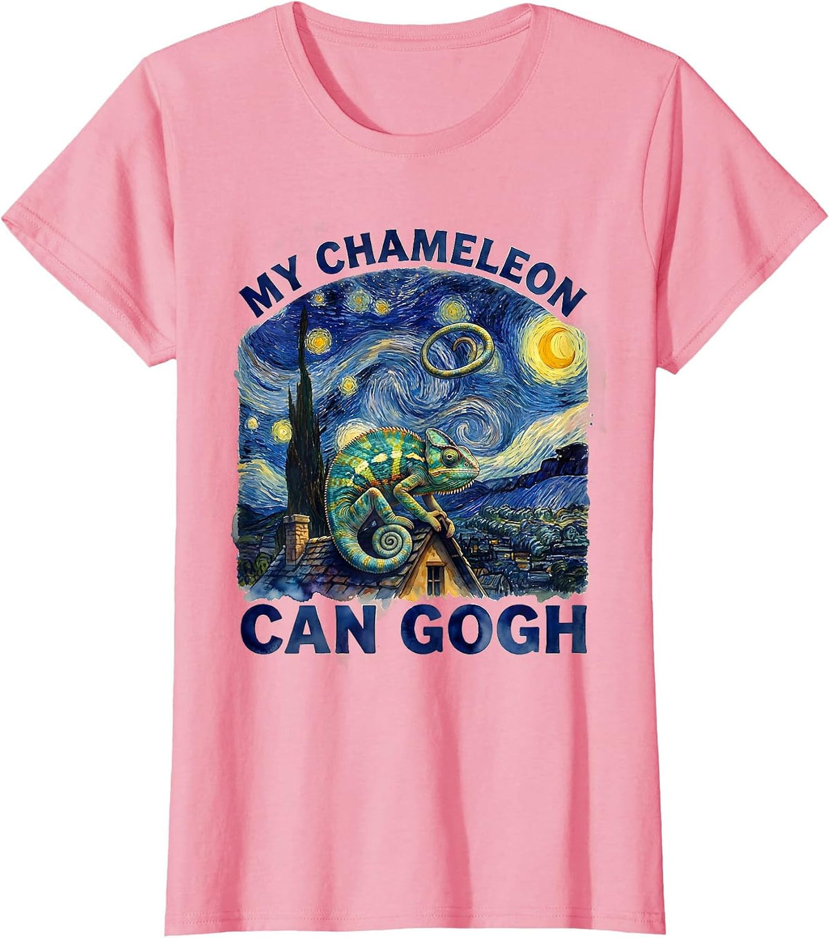Women's My Chameleon Can Gogh Whimsical Art Parody Cat Lover Gift T-Shirt - Pink