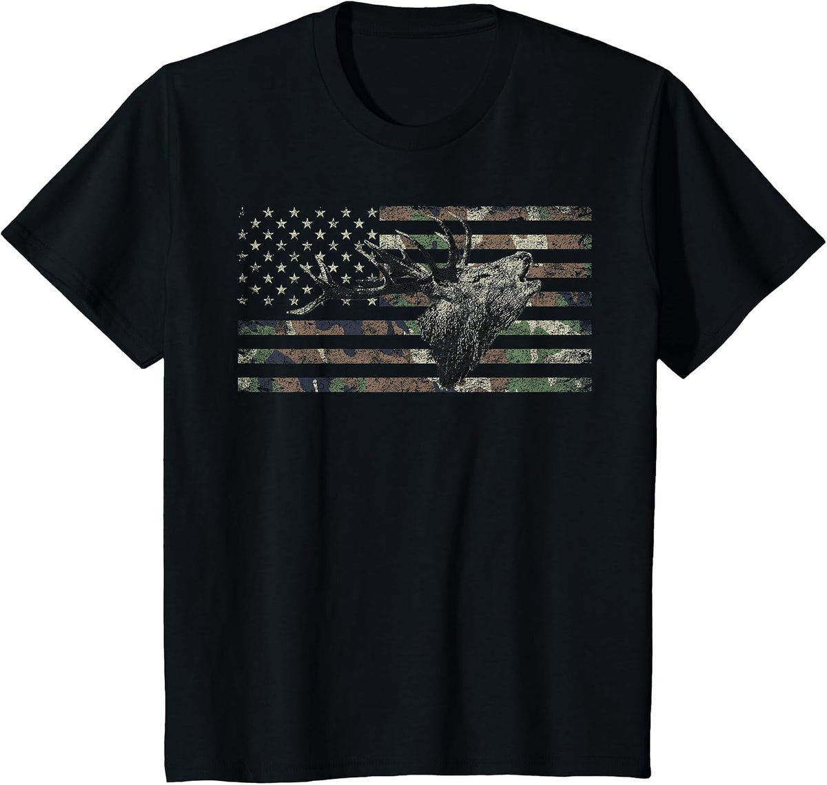 Deer Hunting Camo American Flag Buck Calling Hunter Country T-Shirt - Black