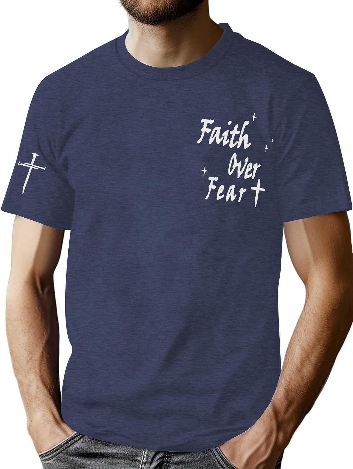 Christian Faith Over Fear Shirts for Men Religious Bible Verse Tshirts - Blue