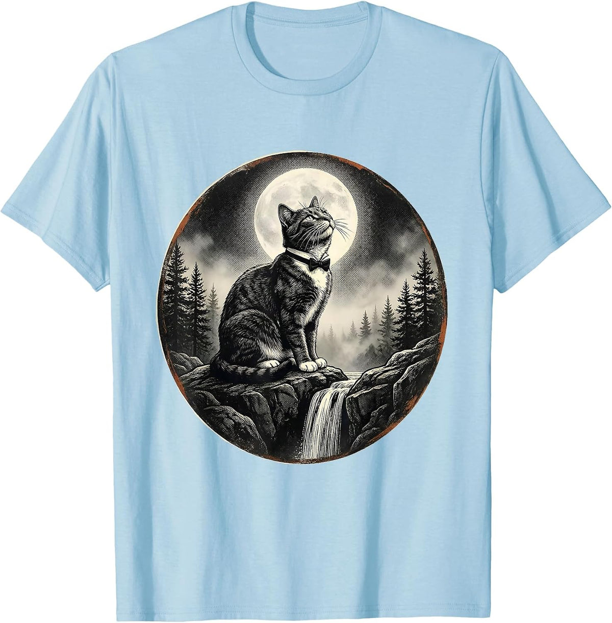 Men's Tuxedo Cat Howling at Moon Vintage Retro T-Shirt - Baby Blue