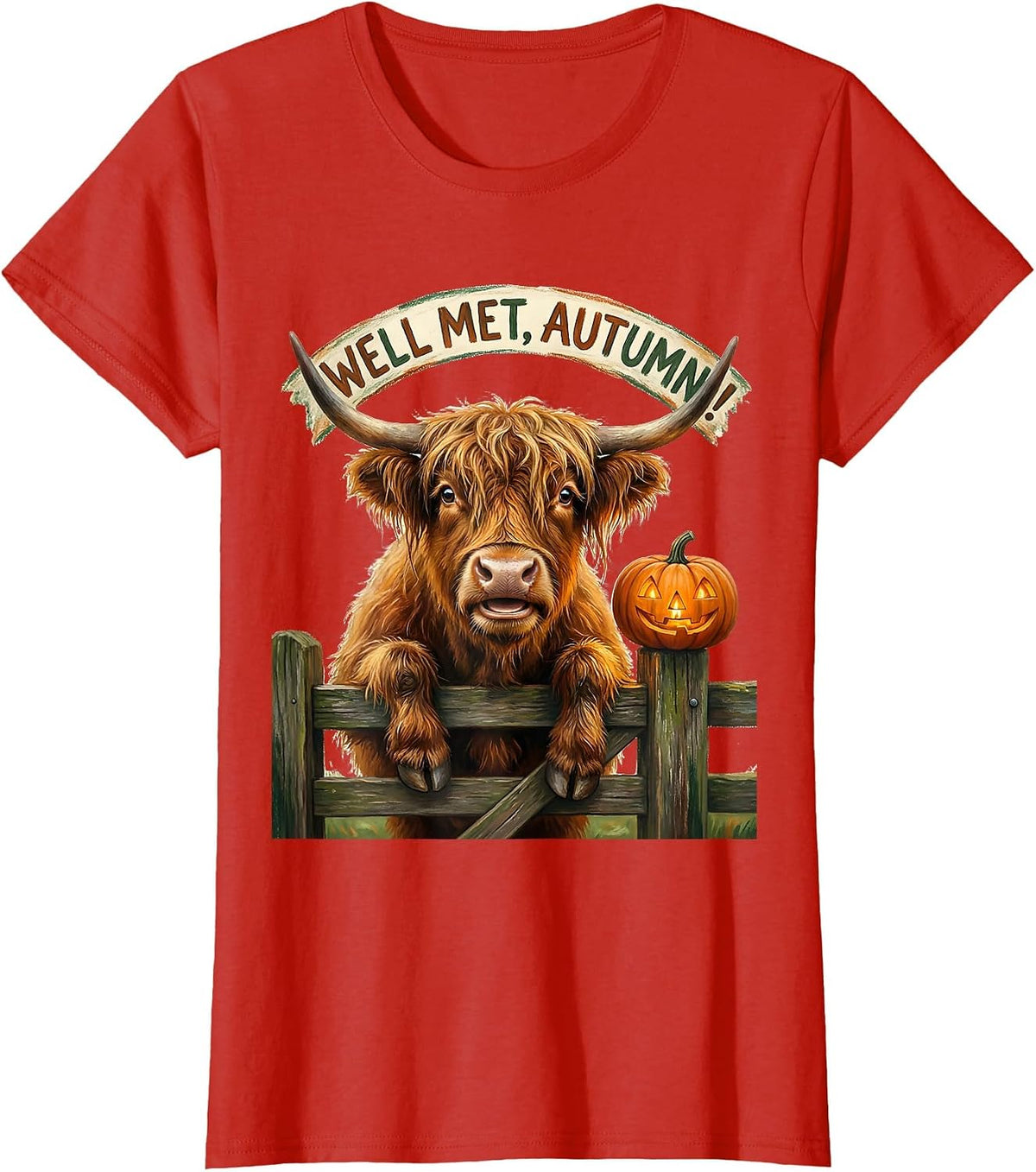 Well Met, Autumn! Storybook Highland Cow Fall Halloween T-Shirt - Red
