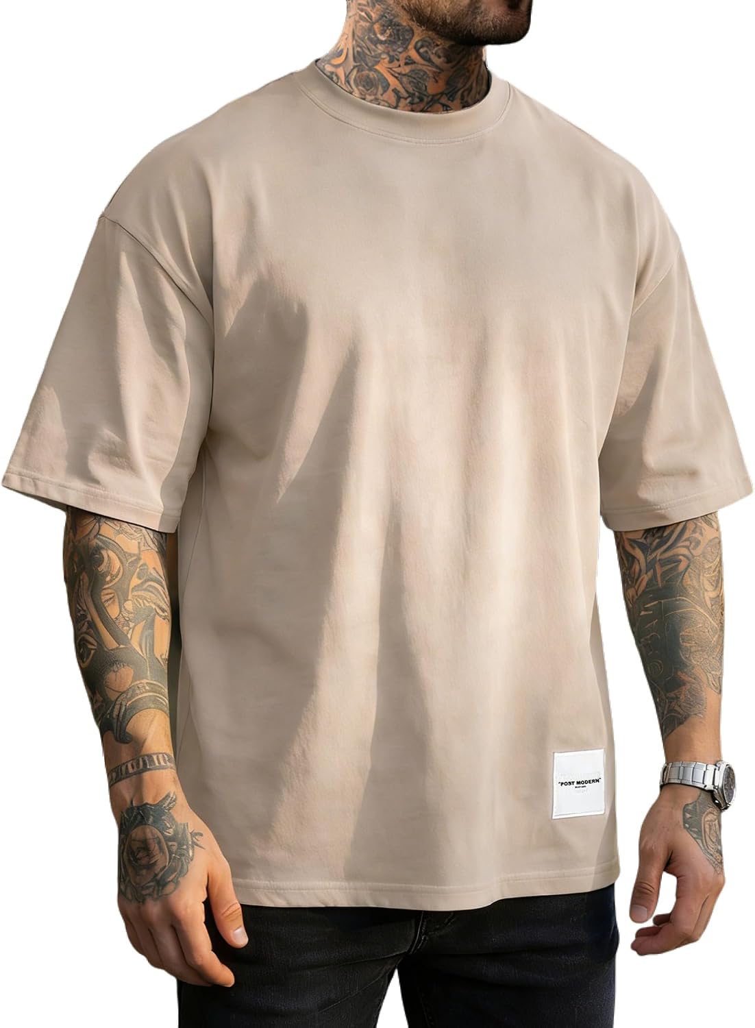 Men's Fashion Oversized T-shirts Short Sleeve Workout Casual Gym Tee - Khaki