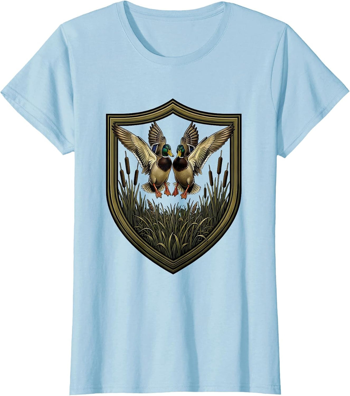 Duck Camo Hovering Ducks Foggy Marsh Illustration T-Shirt - Baby Blue