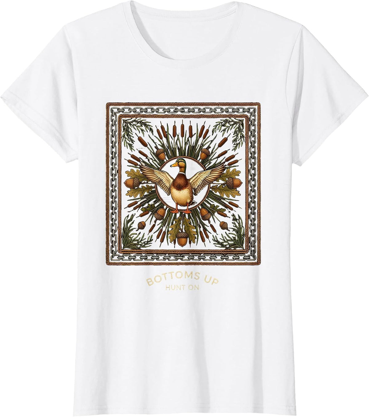 Women's Bottoms Up Hunt On Bottomland Camo Design T-Shirt - White