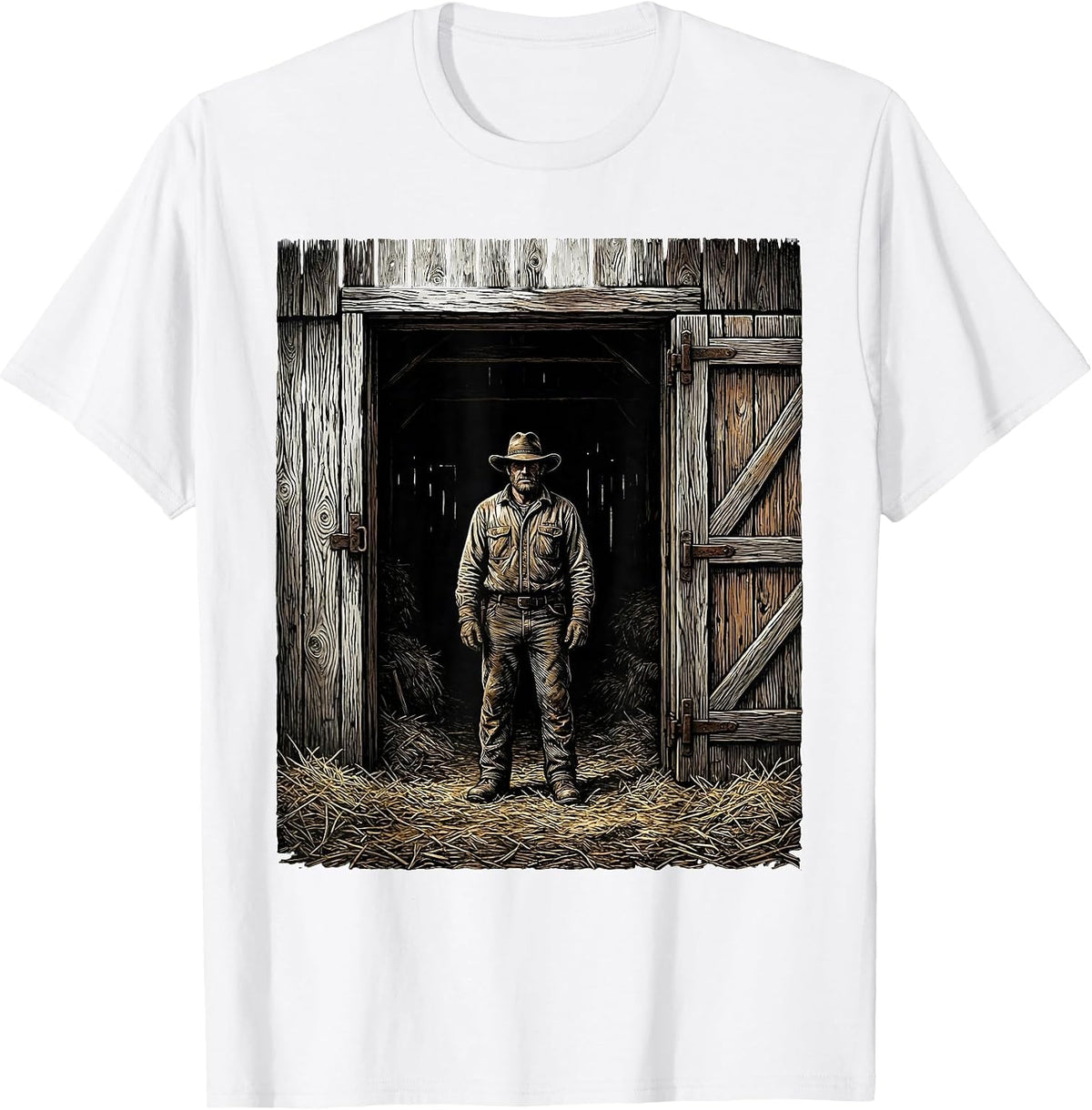 Men's Old Barn Doorway Country Life Illustration T-Shirt - White