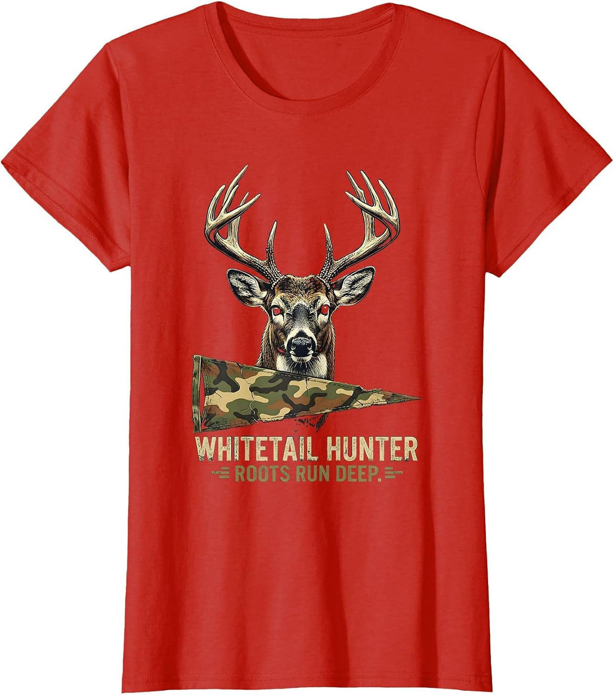 Women's Whitetail Hunter Roots Run Deep Distressed Camo Dad Humor T-Shirt - Red