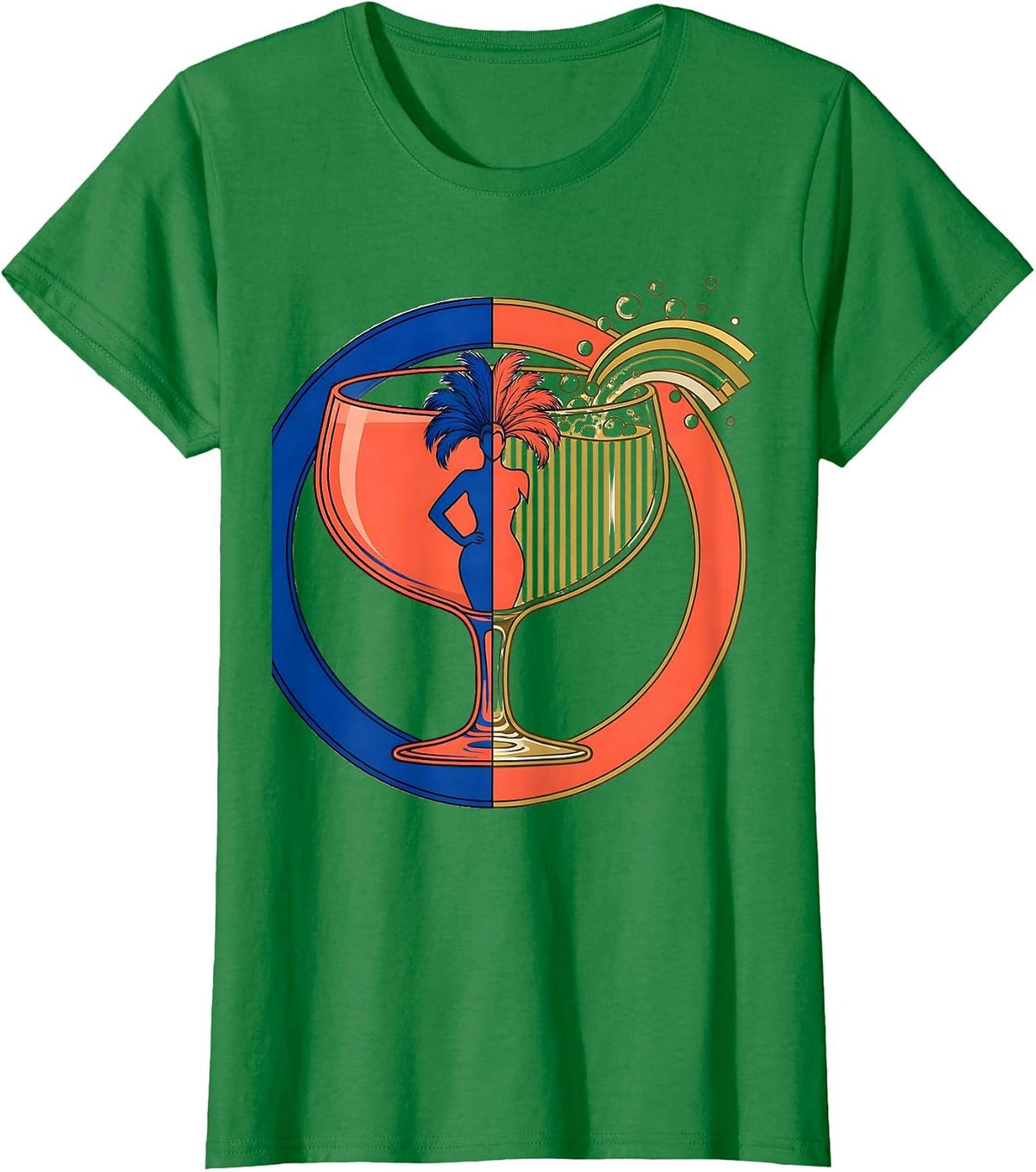 Women's Showgirl Silhouette Overflowing Champagne Glass T-Shirt - Kelly Green