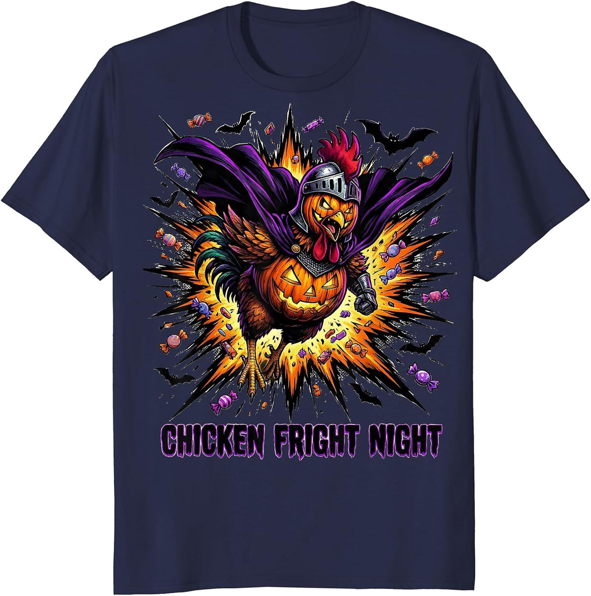 Men's Chicken Fright Night Comic Book Halloween Chicken Lover T-Shirt - Navy Blue