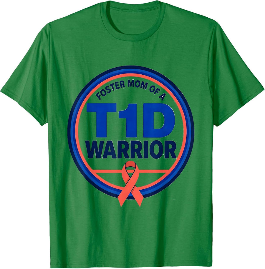 Men's Foster Mom Of A T1D Warrior Supportive Blue Ribbon Awareness T-Shirt - Kelly Green