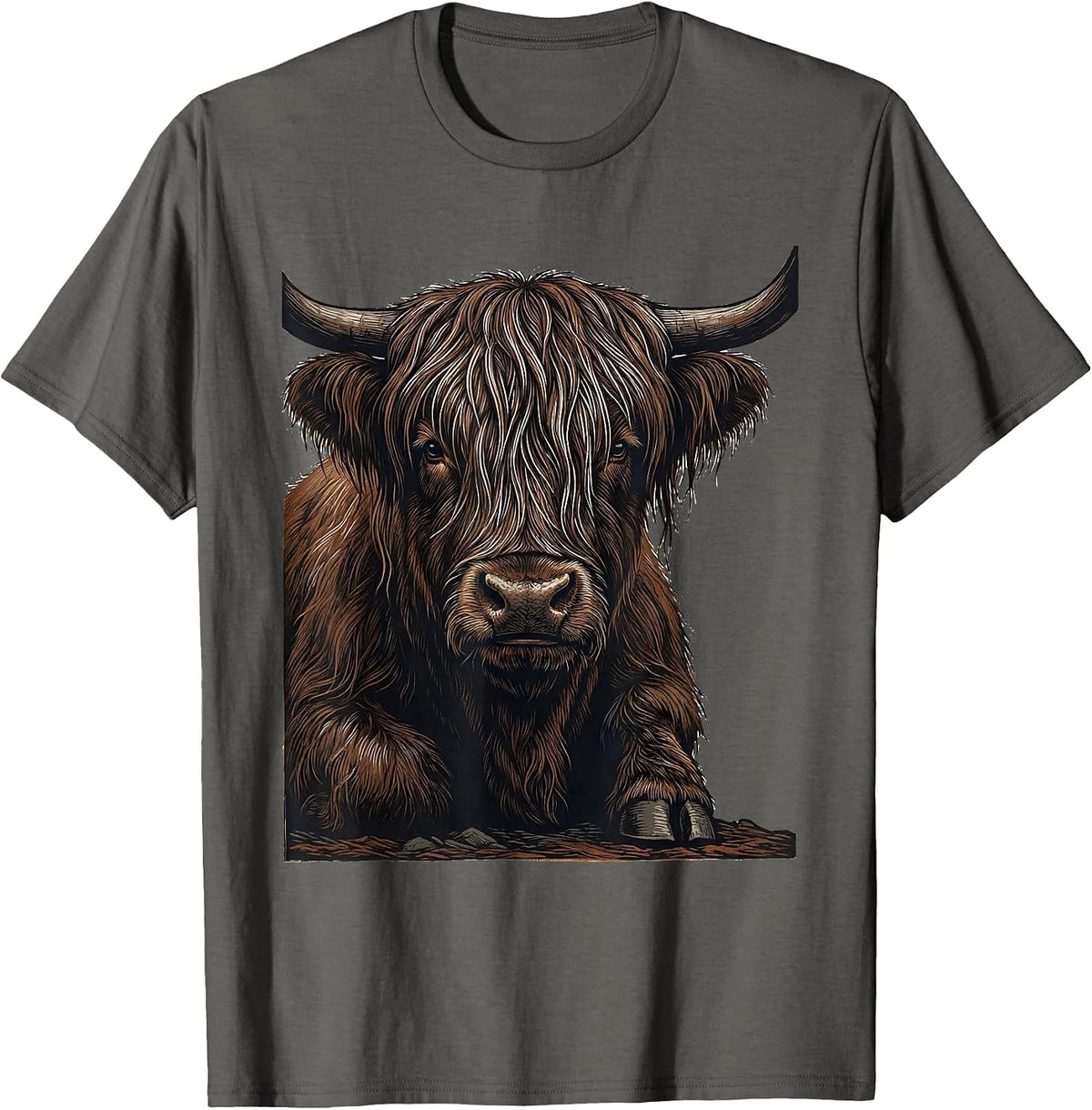 Highland Cow Bust Funny Animal Lover Humor T-Shirt - Asphalt Grey